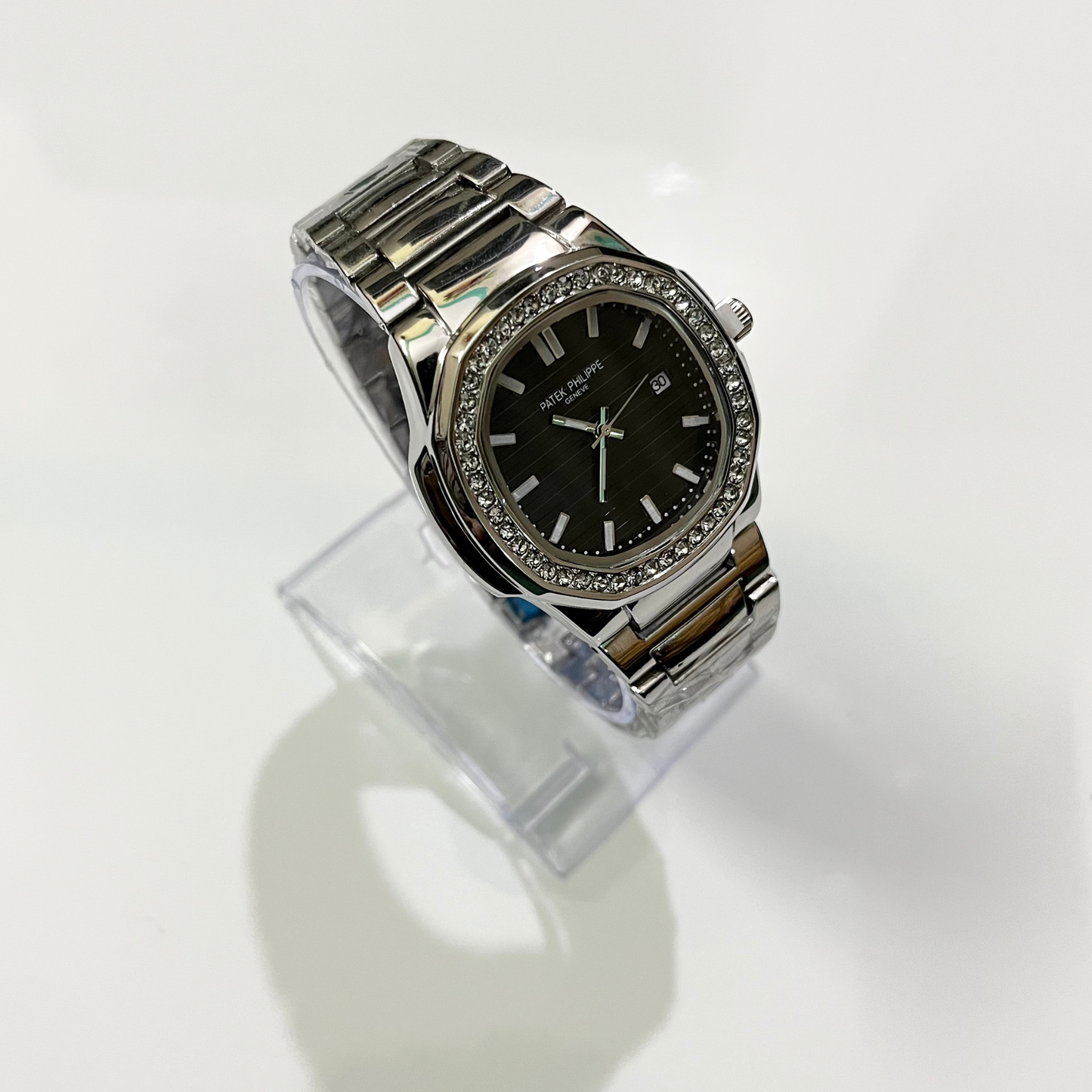 Patek Philippe Geneve Stone Silver-Black Dial
