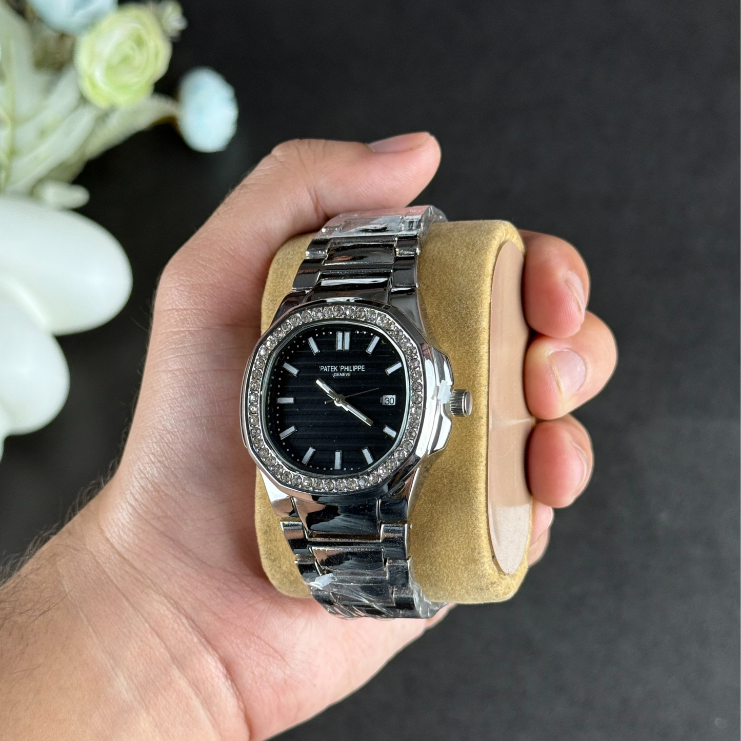 Patek Philippe Geneve Stone Silver-Black Dial