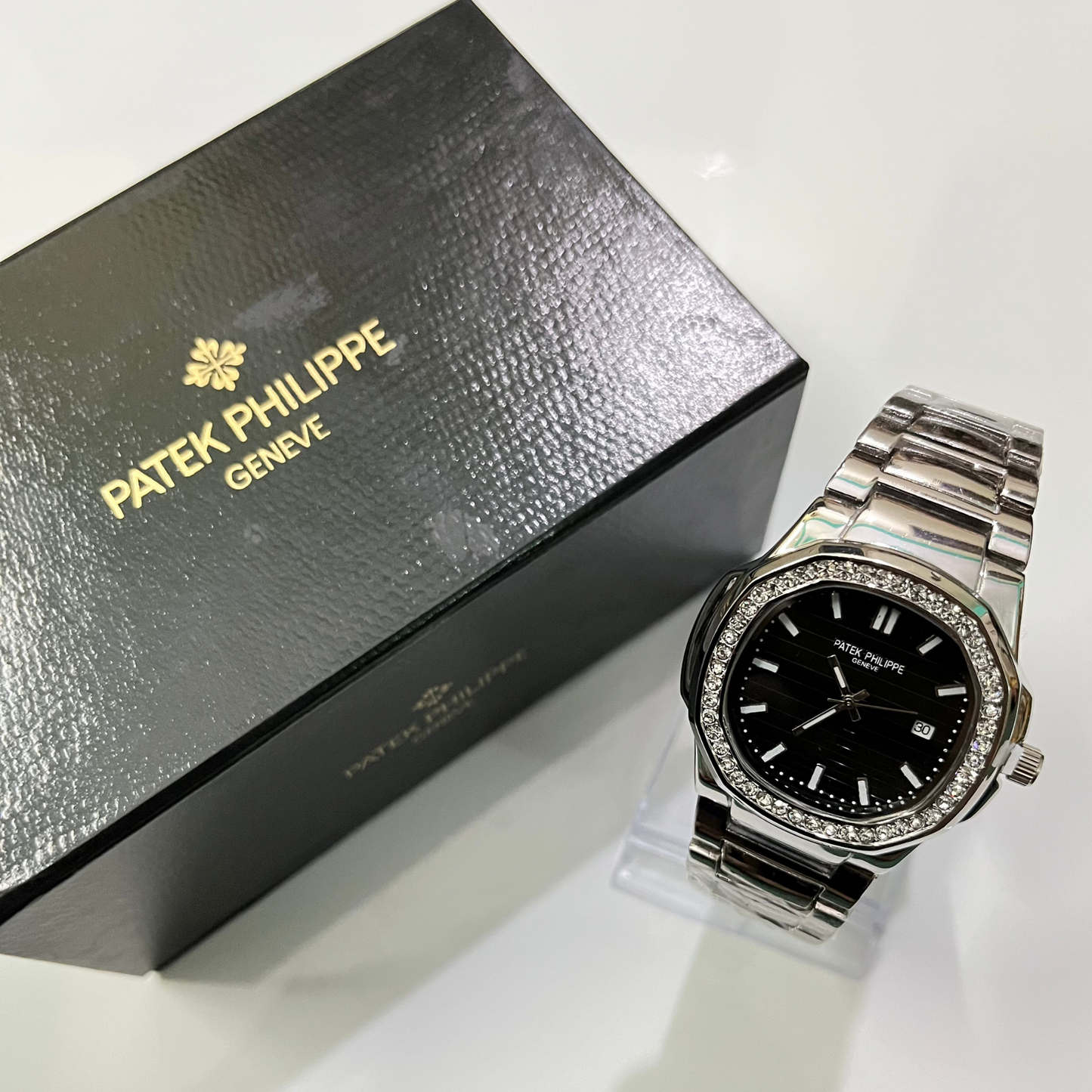 Patek Philippe Geneve Stone Silver-Black Dial
