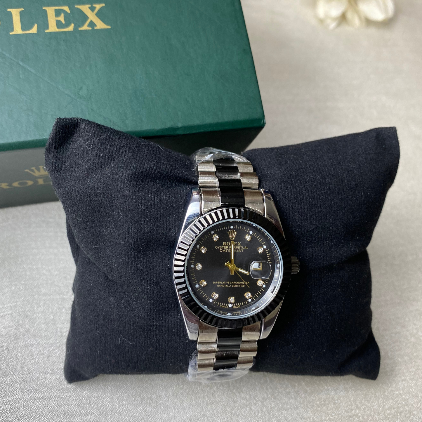Rolex Two-Tone Silver & Black Watch ladies