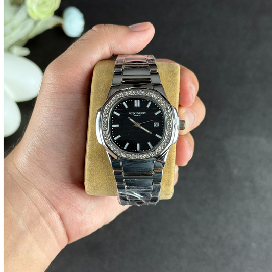 Patek Philippe Geneve Stone Silver-Black Dial