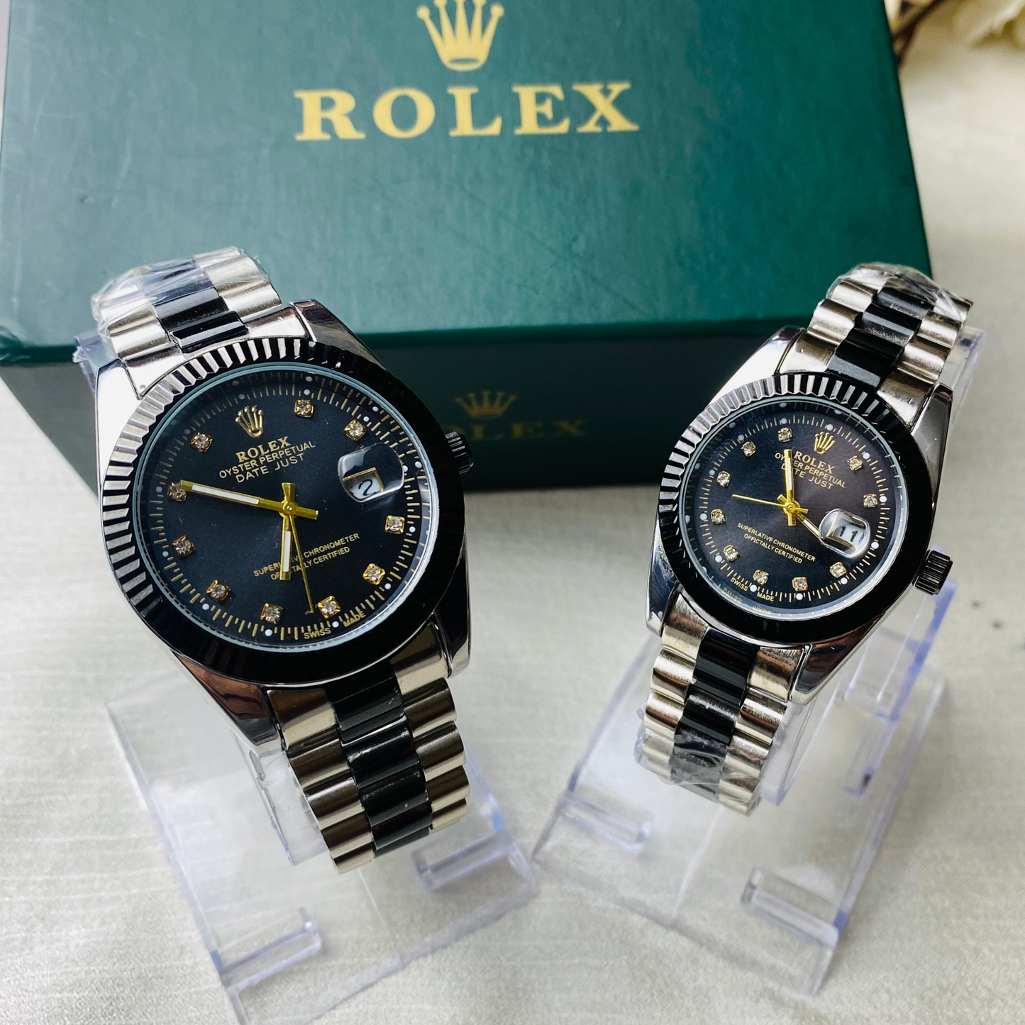 Rolex Two-Tone Silver & Black Couple Watch