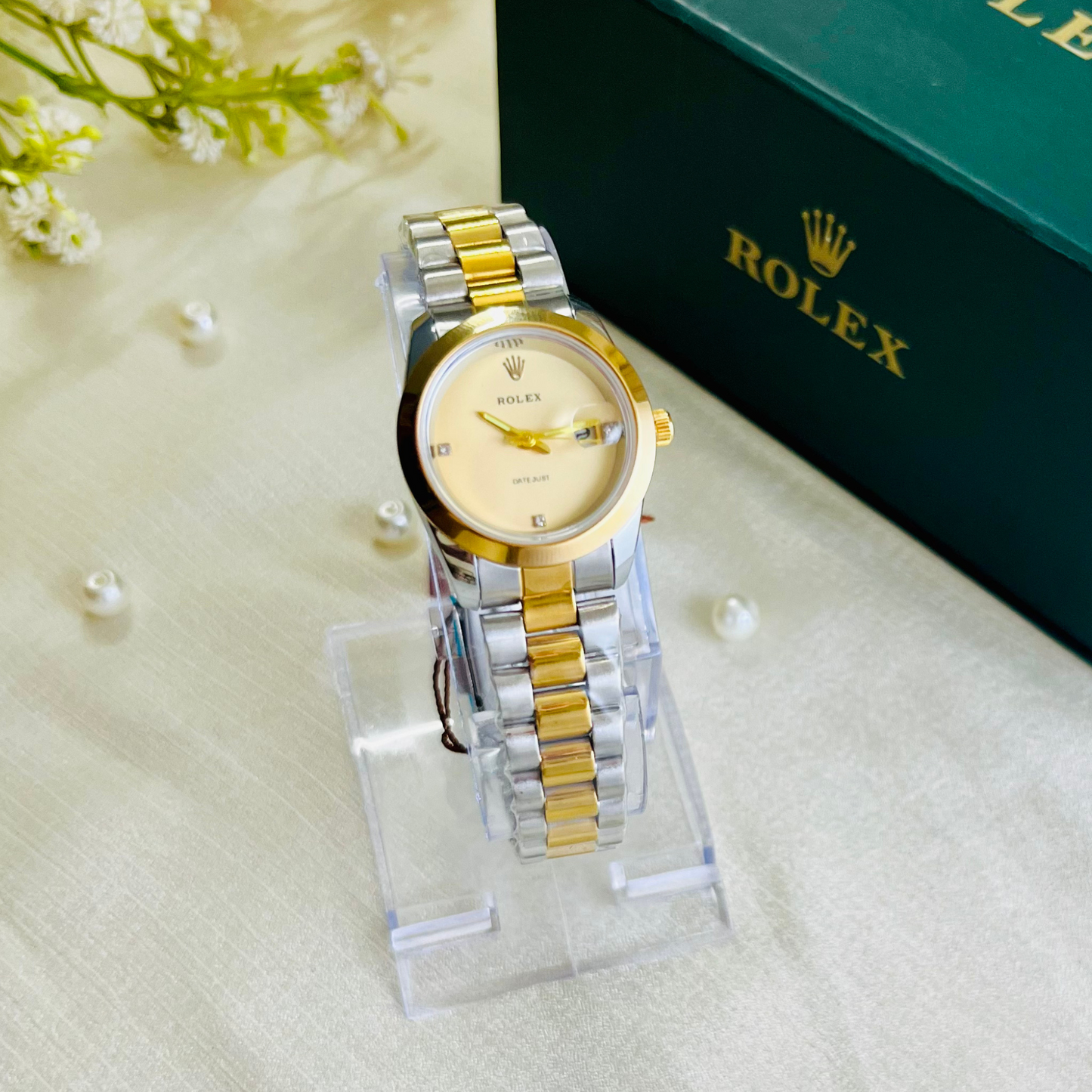 ROLEX FOR Women Golden Dial Stainless Steel