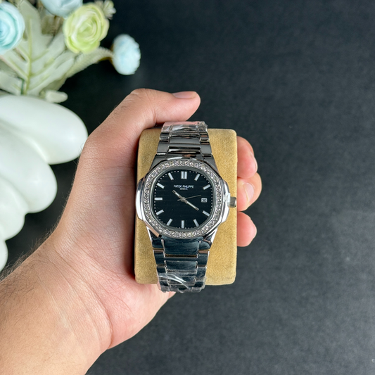 Patek Philippe Geneve Stone Silver-Black Dial