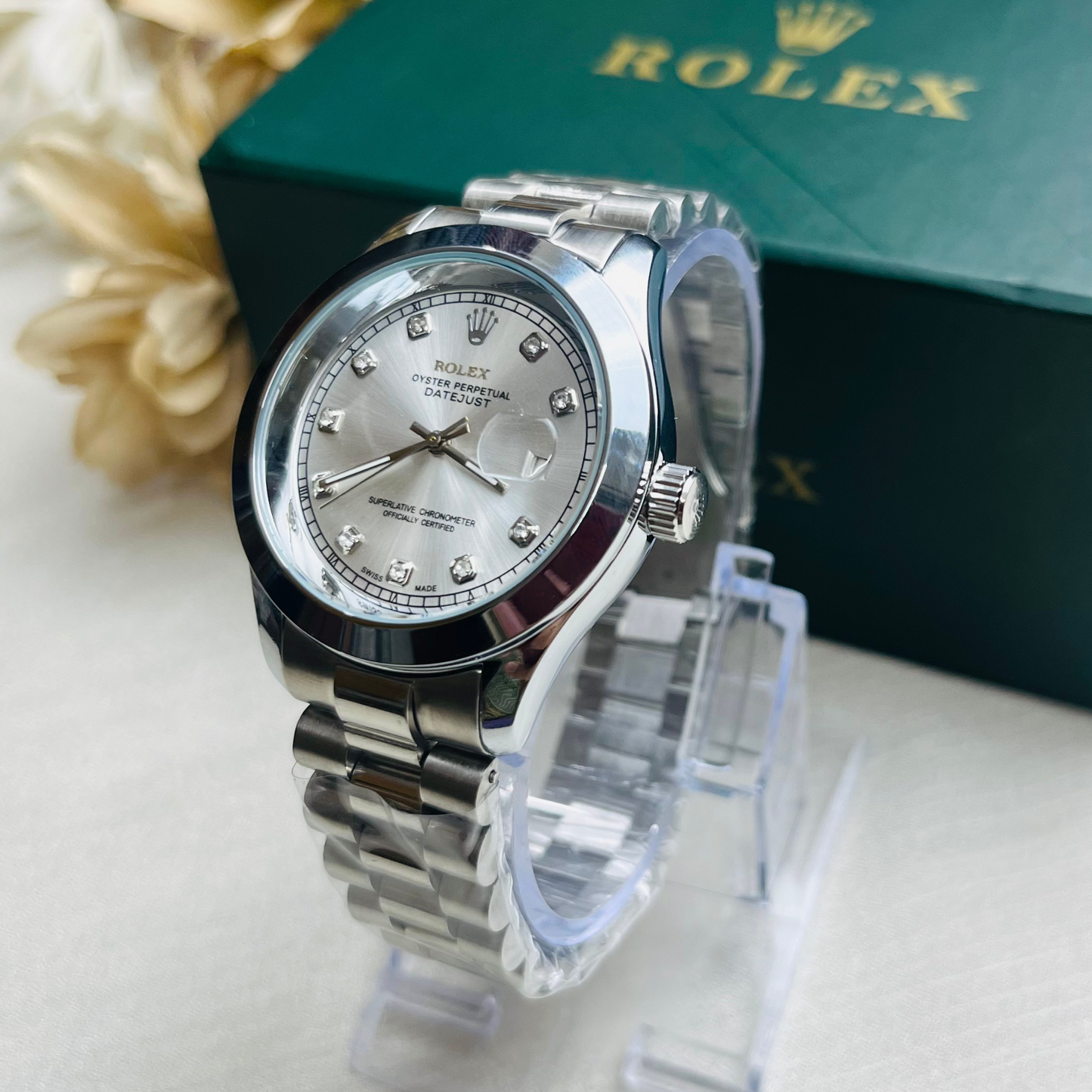 Rolex silver with Stone Model Silver Dial