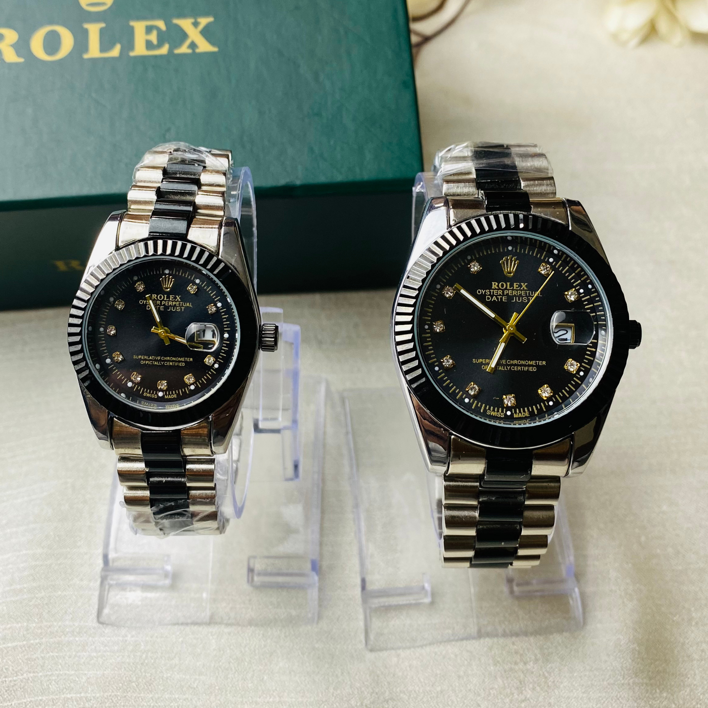 Rolex Two-Tone Silver & Black Couple Watch