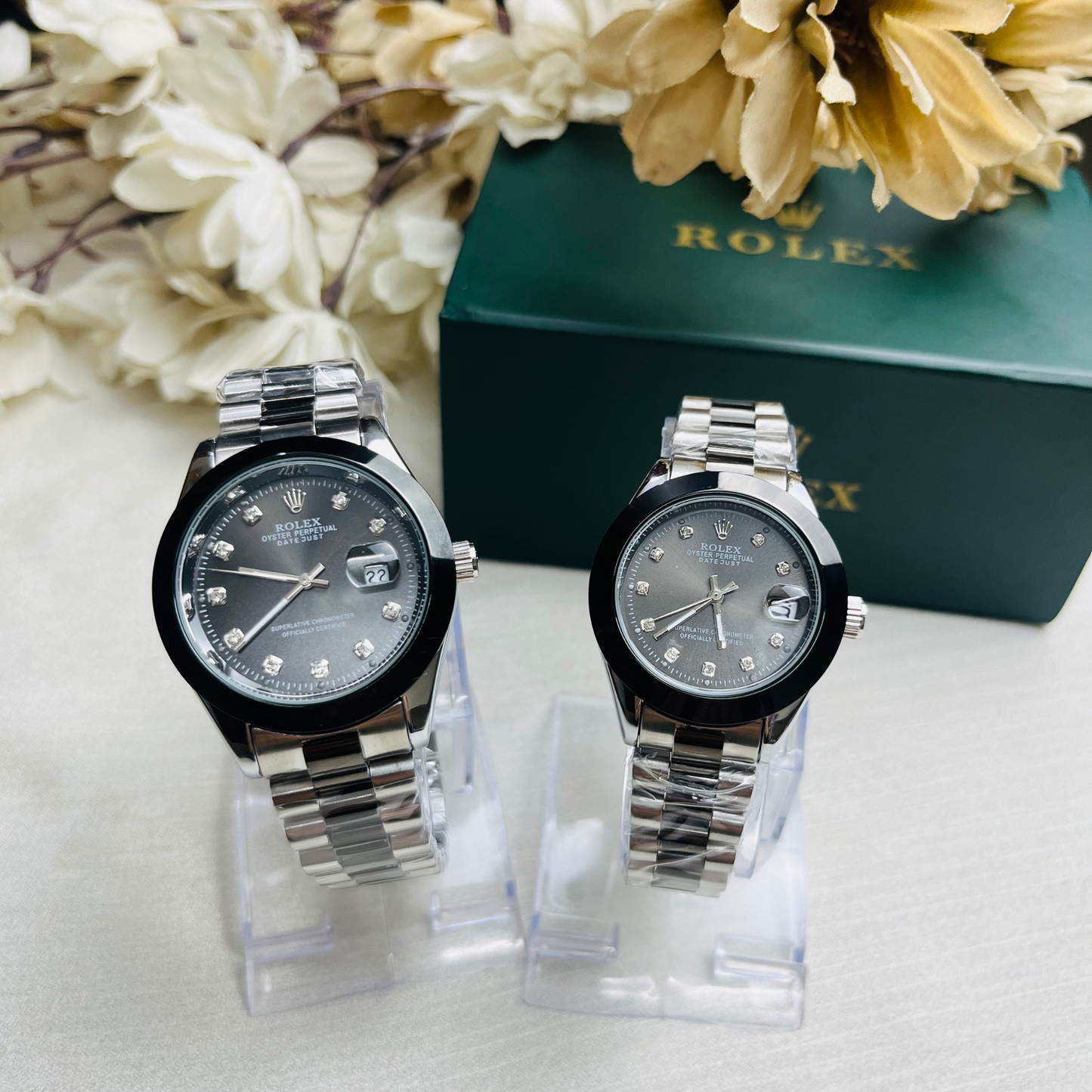 Rolex Couple watch Two Tone Stone Model Dial (Black)