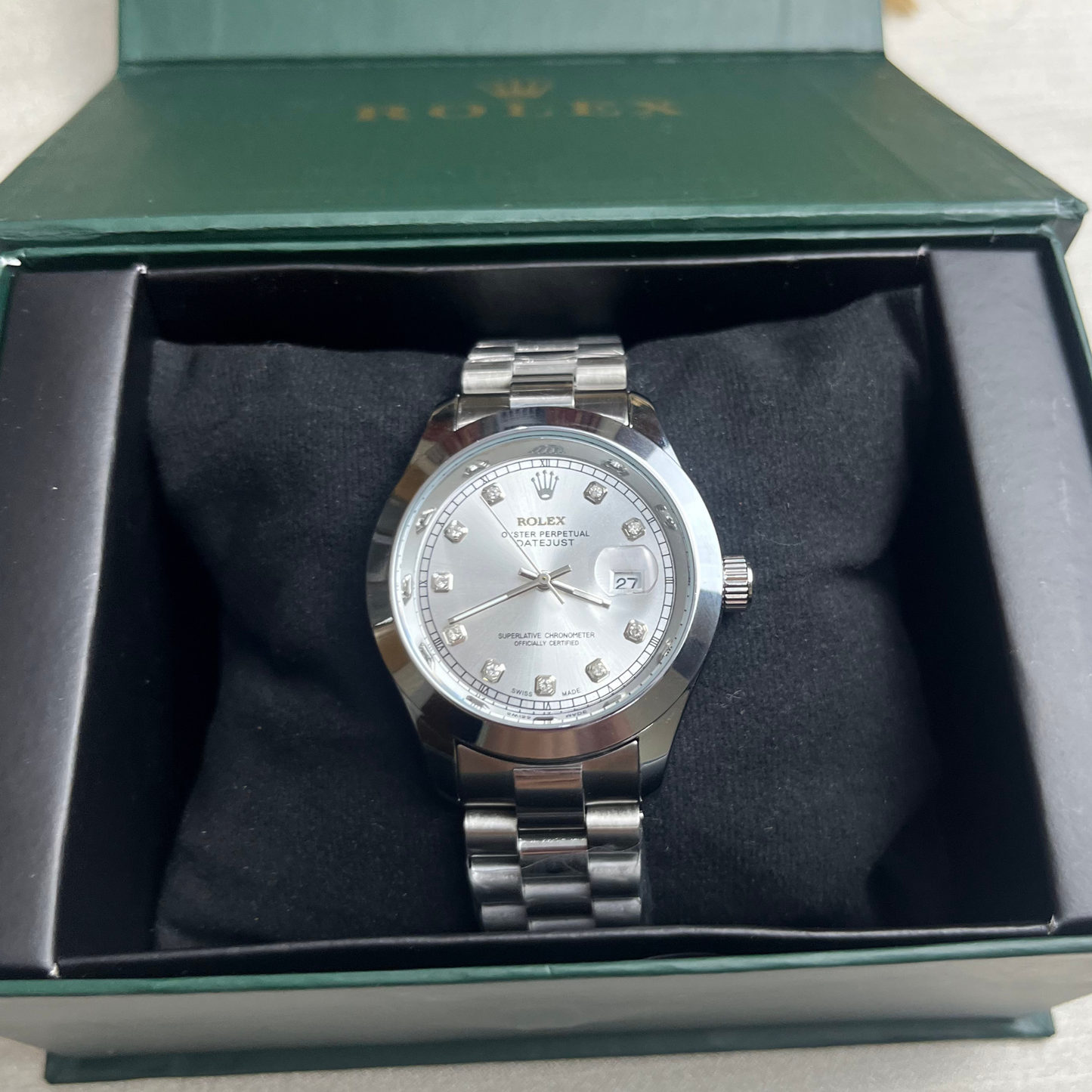 Rolex silver with Stone Model Silver Dial