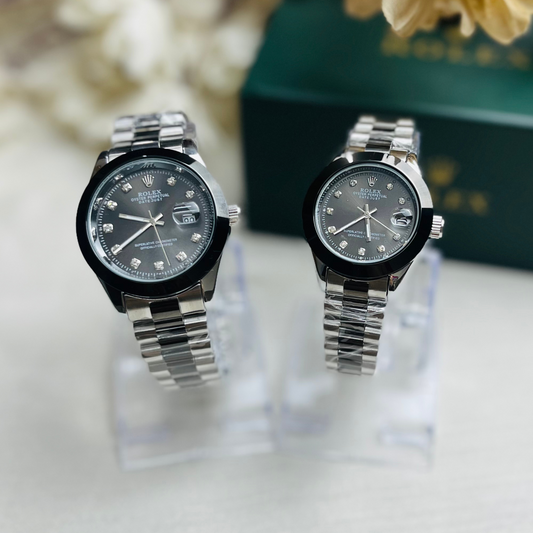 Rolex Couple watch Two Tone Stone Model Dial (Black)