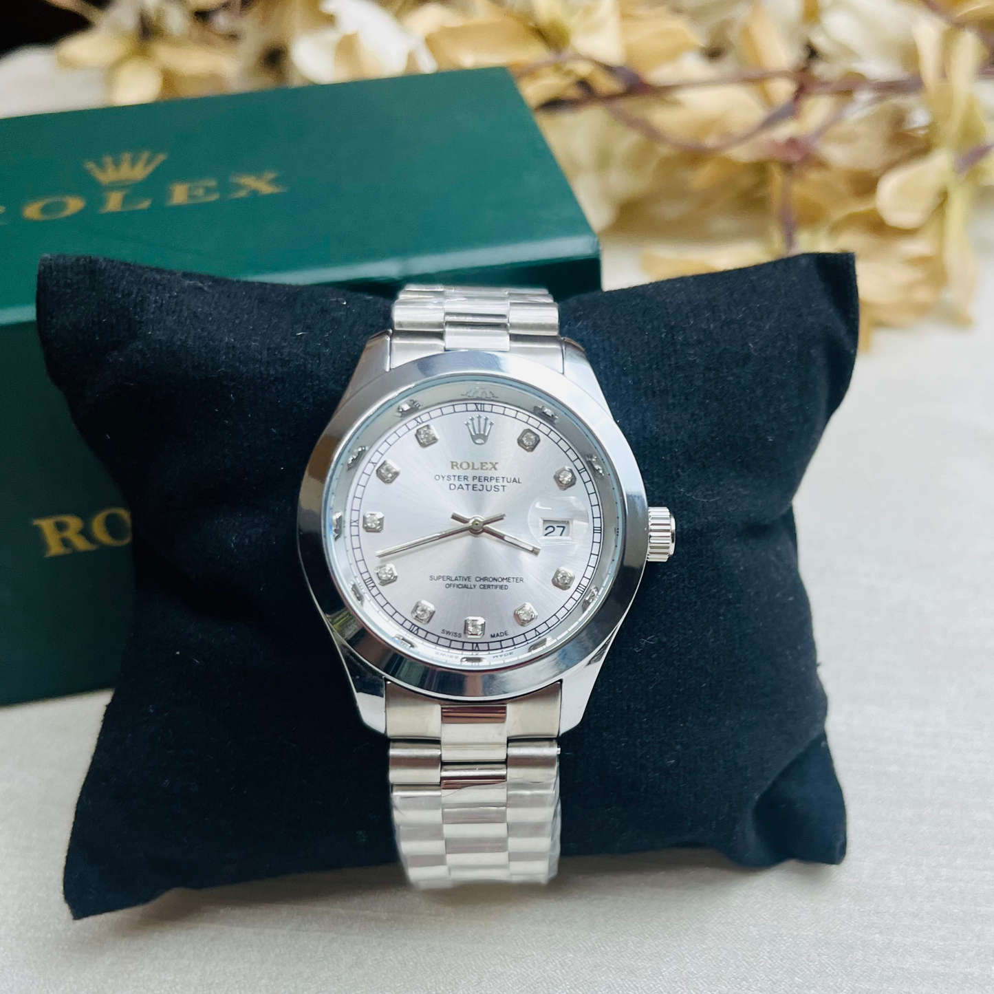 Rolex silver with Stone Model Silver Dial