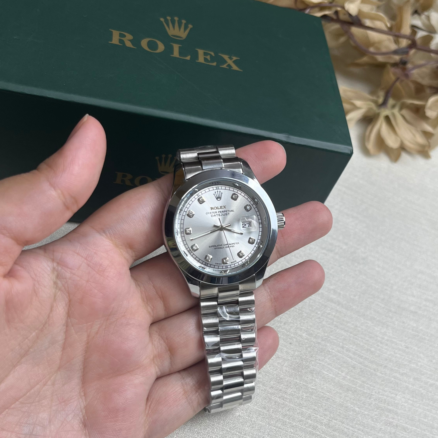 Rolex silver with Stone Model Silver Dial